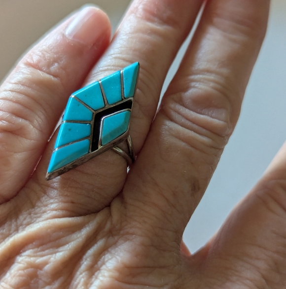 Vintage Zuni Turquoise Inlay Louis Montoya Ring Size 6 1/4 - Picture 3 of 7